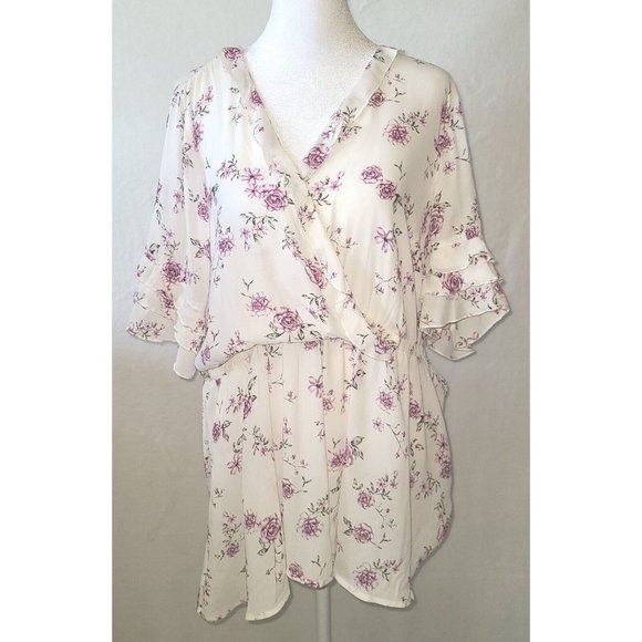 Torrid Women Blouse SZ 2 Crossover Floral Feminine Tiered Ruffle Sleeves Cinched - Picture 2 of 8